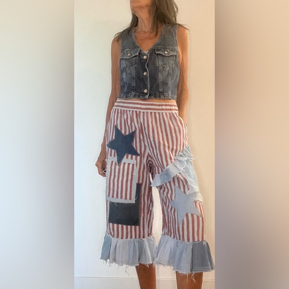 Red and blue striped upcycled bloomer/pants, denim ruffles and patchwork stars M - Picture 3 of 10